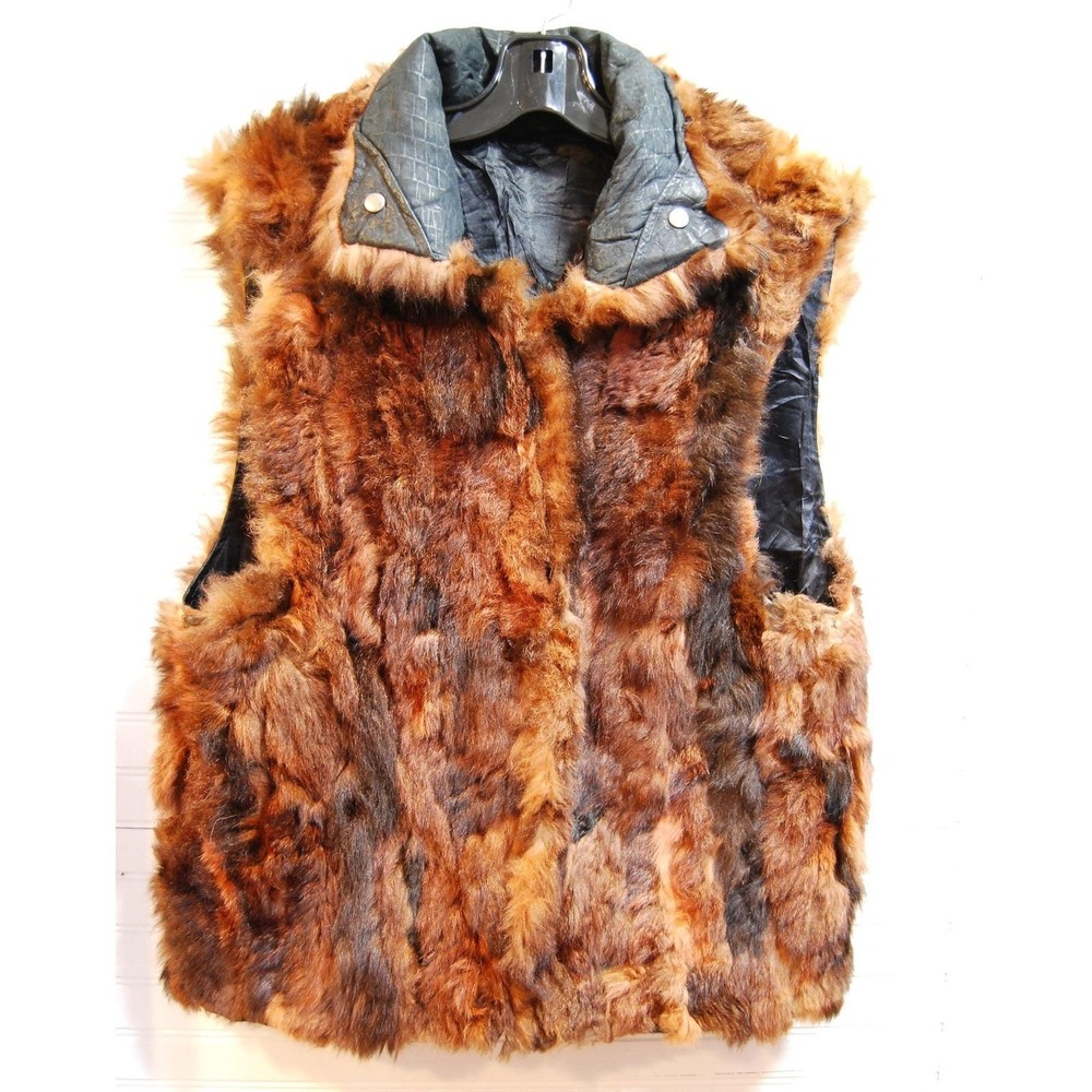 Vintage Fur Vest Women's Large Leather Collar Made in‎ Korea Winter Coat Biker